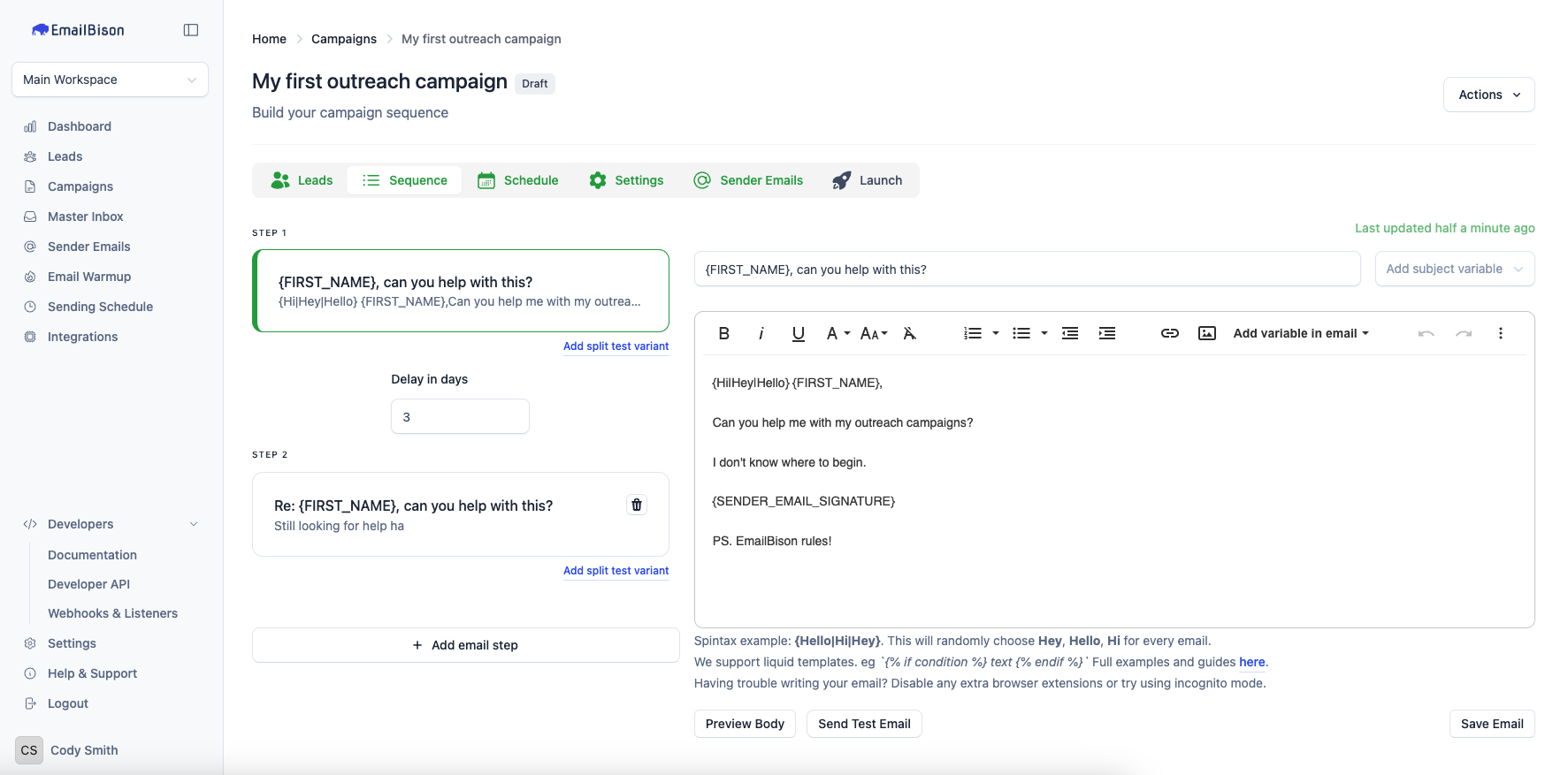 Email sequencing dashboard